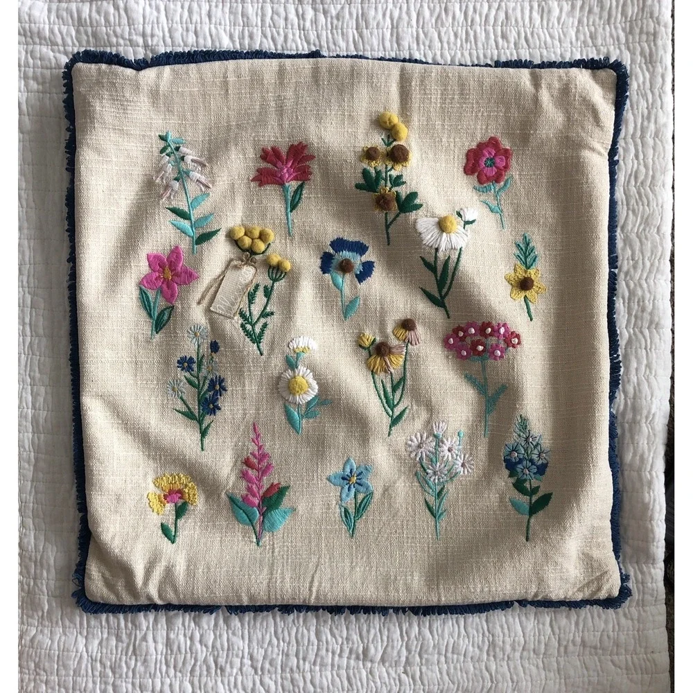 Embroidered Pillow Cover 20x20 Ivory W/Colorful Blessed Floral Zip Opening